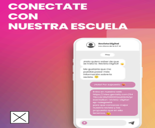 Flyer realizado por los estudiantes "Conectate con nuestra escuela". Se ve por debajo la imagen de un celular proyectando un chat.