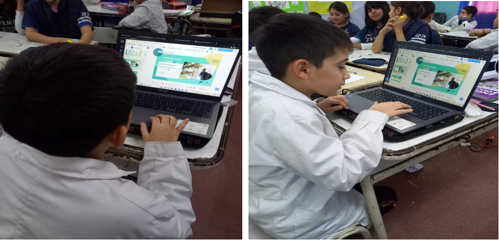 2 fotografías donde se visualiza 1 estudiante con una computadora mirando la revista digital