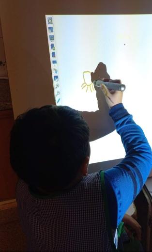 Un estudiante dibujando en la pizarra interactiva.