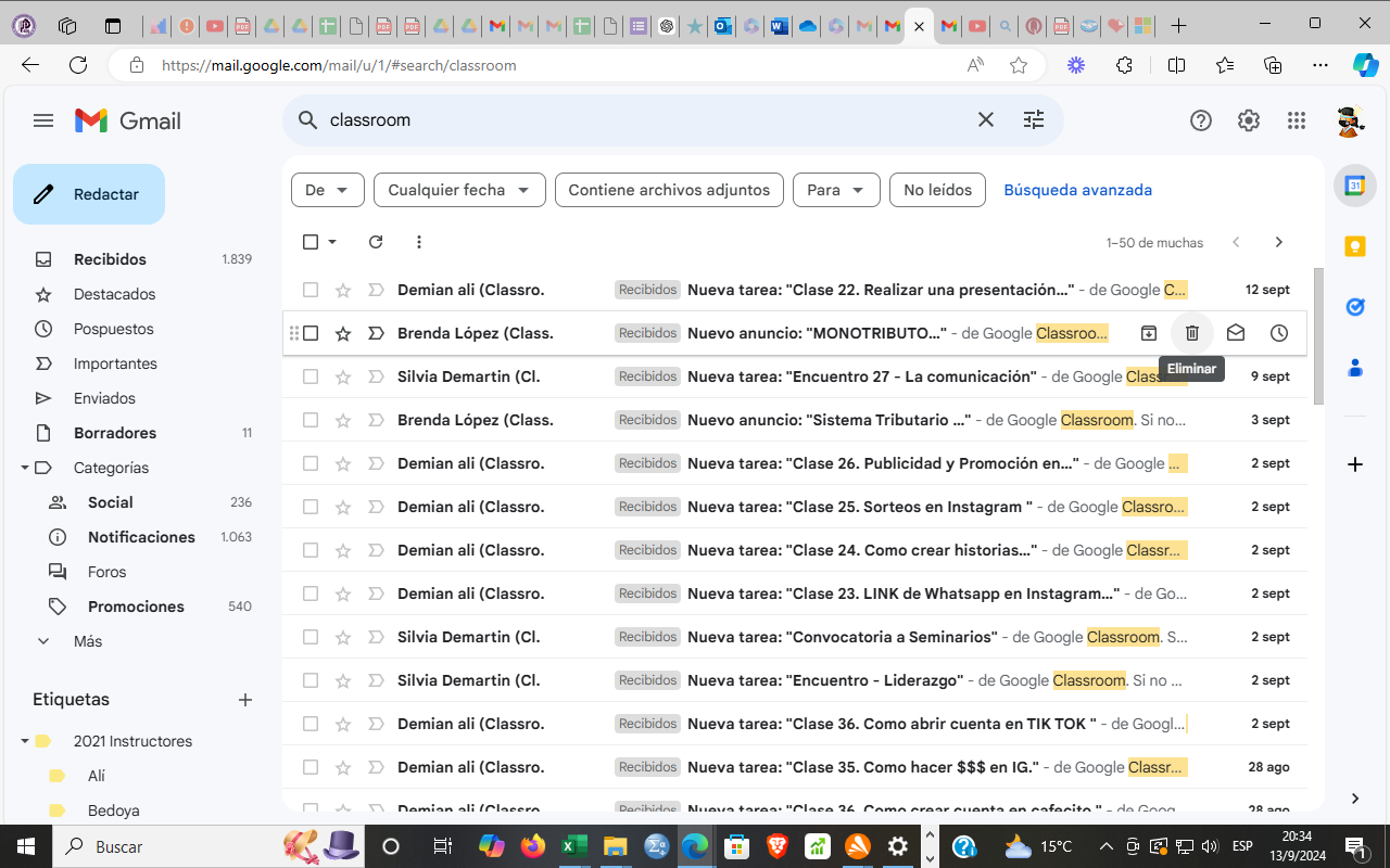 Captura de pantalla de la bandeja de entrada de un correo electrónico de gmail. Se muestra cómo llegan los avisos de nuevas tareas y nuevos anuncios del classroom