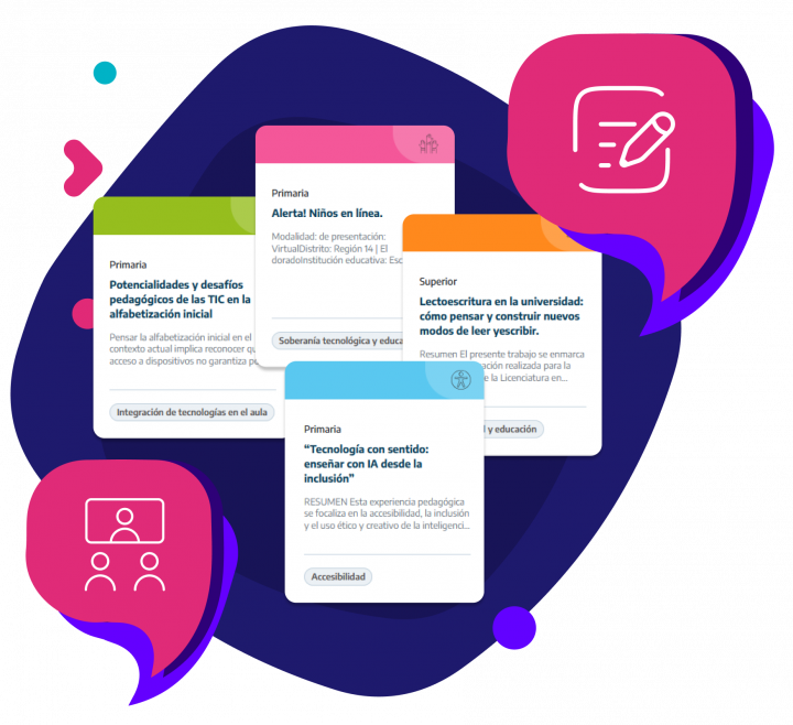 Ilustración de varias tarjetas superpuestas con contenidos educativos de nivel primario y superior sobre TIC, alfabetización, accesibilidad e inteligencia artificial, acompañadas de íconos de comunicación y educación en segundo plano.